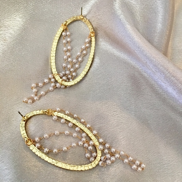 Oval Hoop Pearl Strands Drop Rhinestone Earrings - Picture 9 of 11